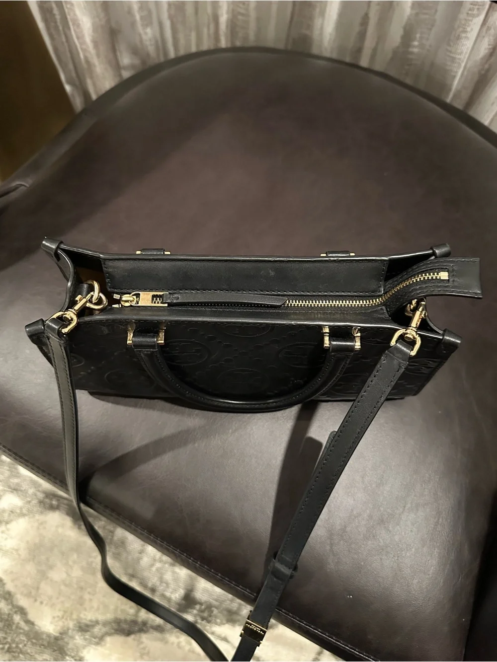 Tory Burch Black Quilted Logo Mini Satchel with Gold Hardware
